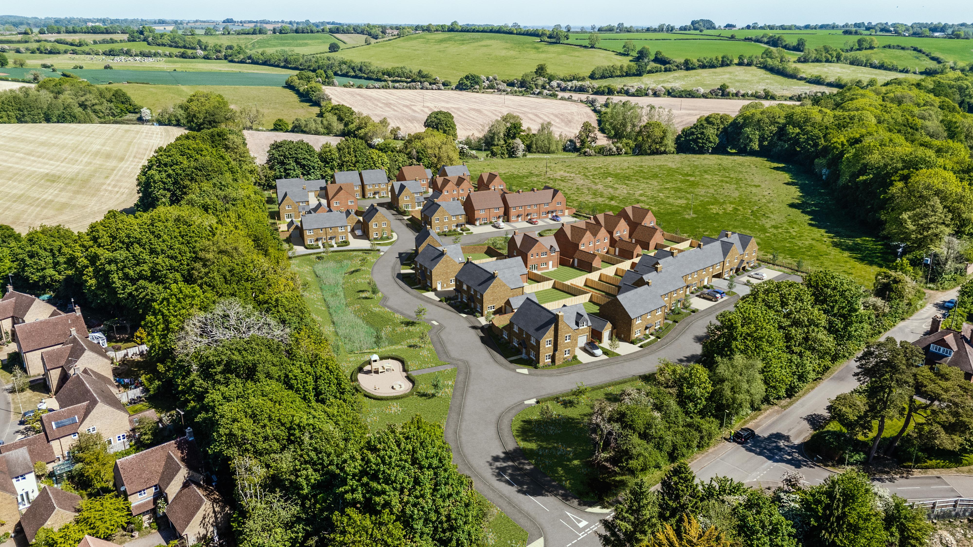 Deanfield Glade aerial view of development, hook norton new homes with playground