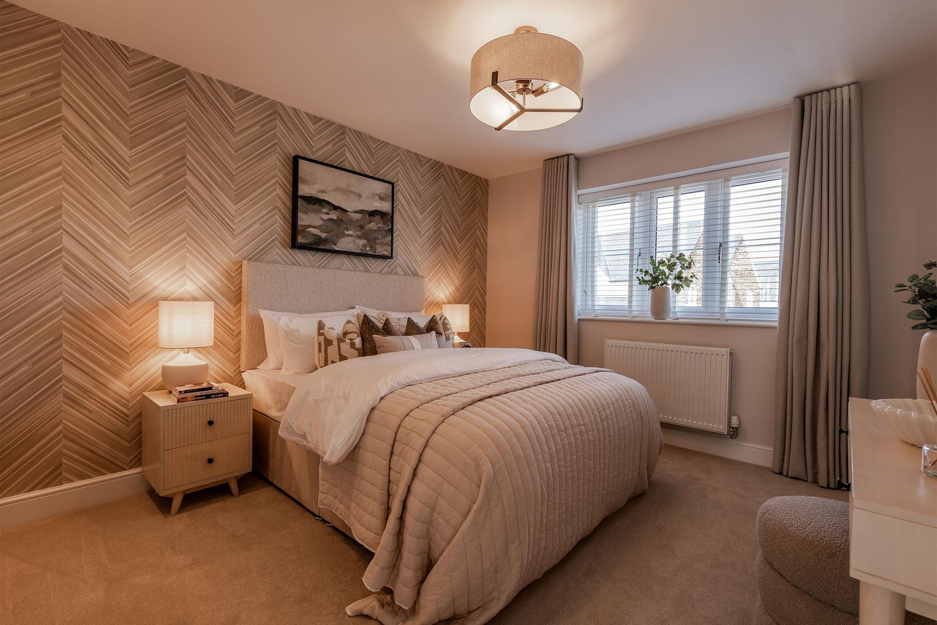Deanfield Glade Show Home bedroom with beige interiors