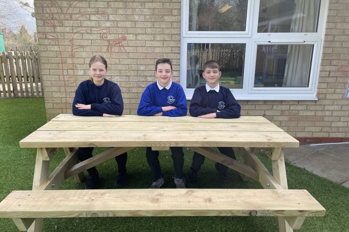 Children sitting at bench